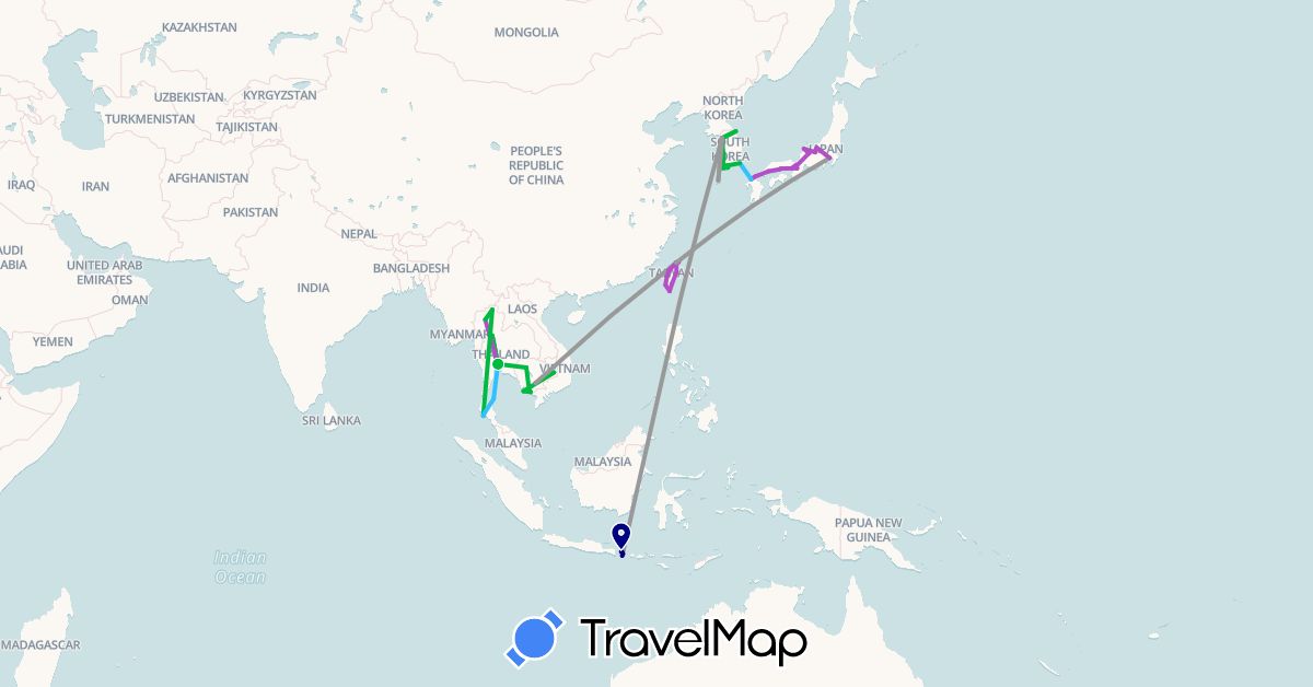 TravelMap itinerary: driving, bus, plane, train, boat in Indonesia, Japan, Cambodia, South Korea, Thailand, Taiwan (Asia)